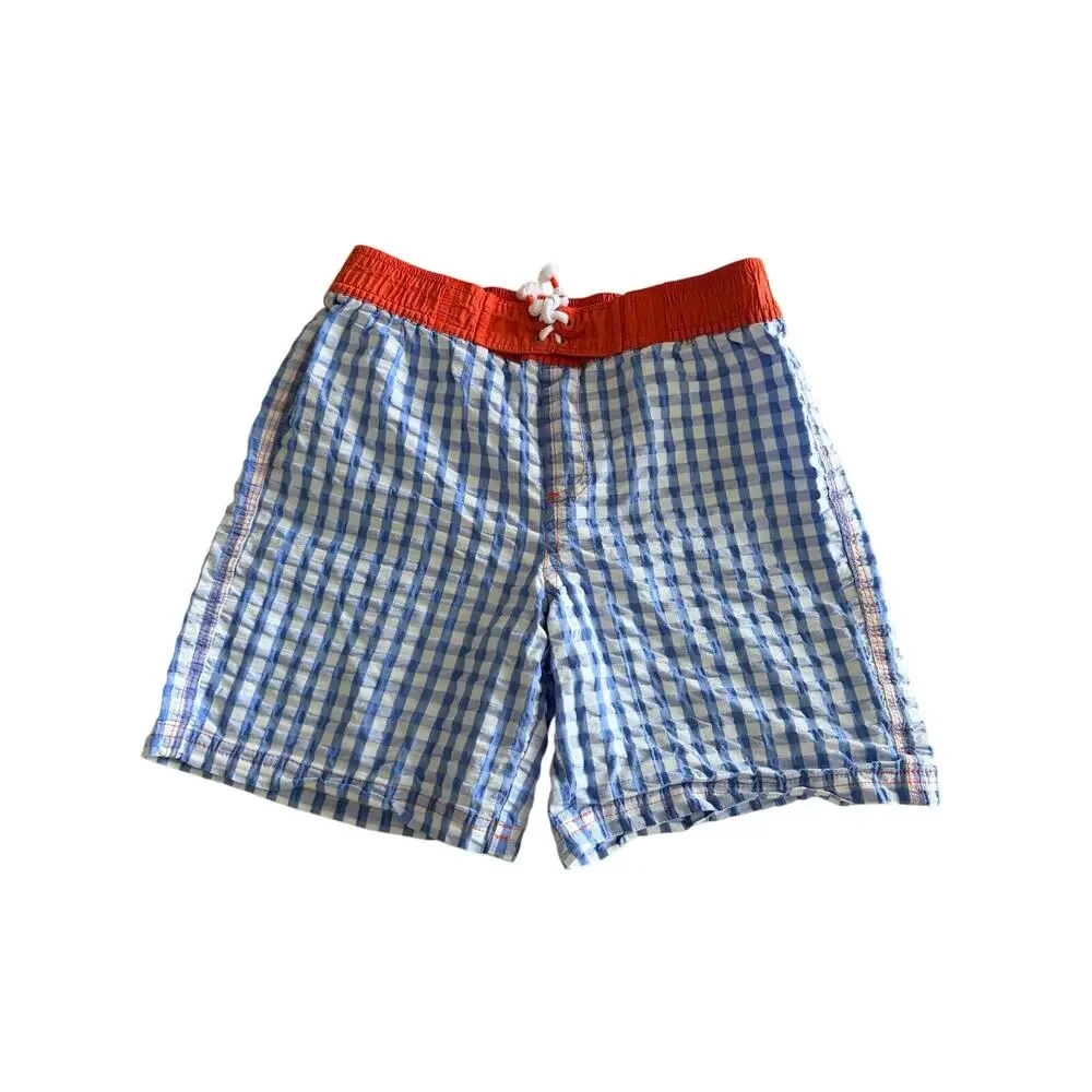 Mini Boden Blue Gingham Swim Trunks Board Shorts Boys 9-10